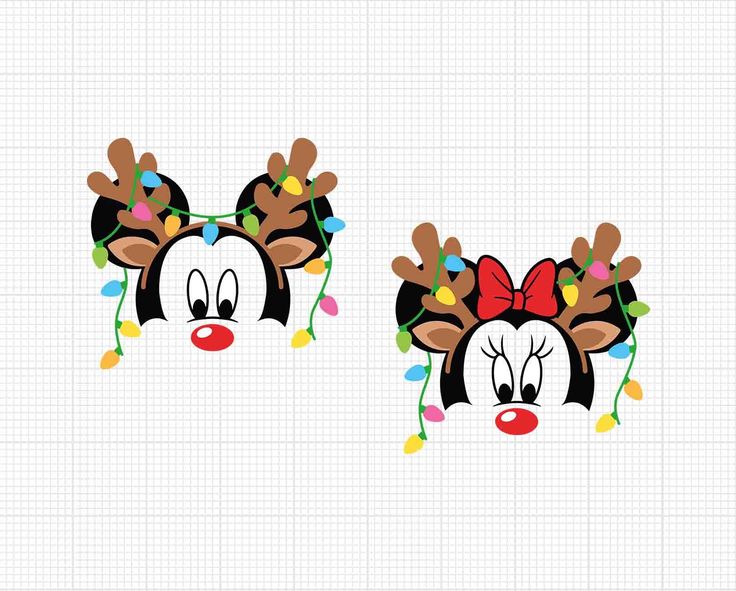 two reindeers with christmas lights on their ears and noses, one is wearing a red bow