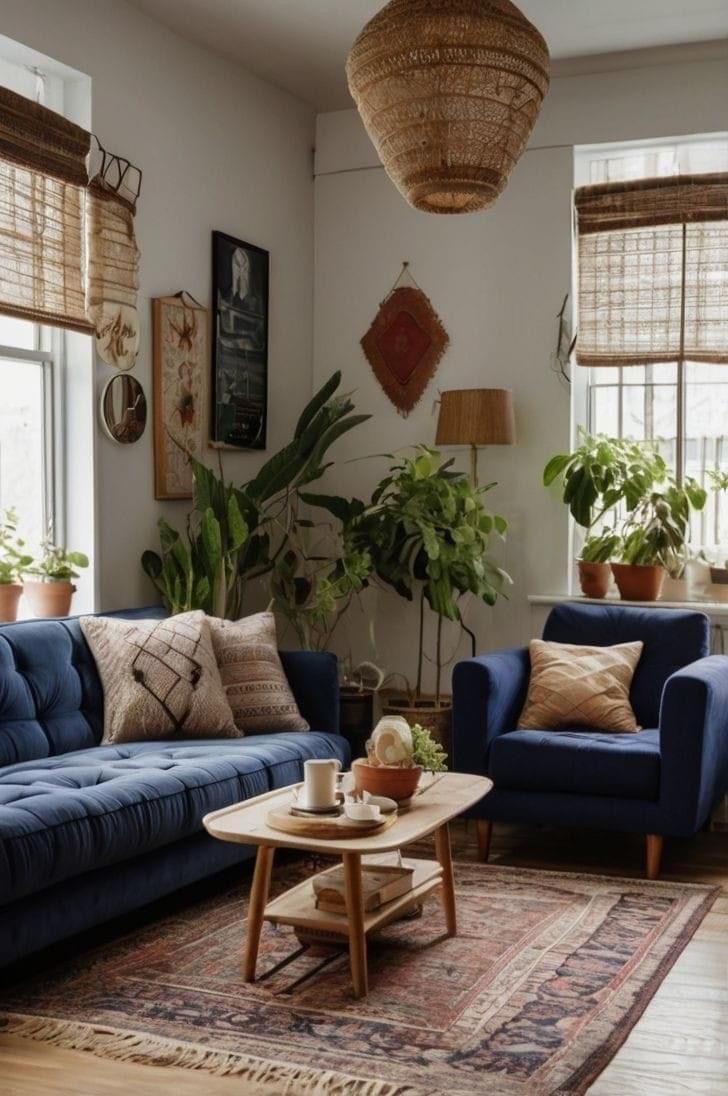 a living room with blue couches and potted plants on the wall in front of two windows