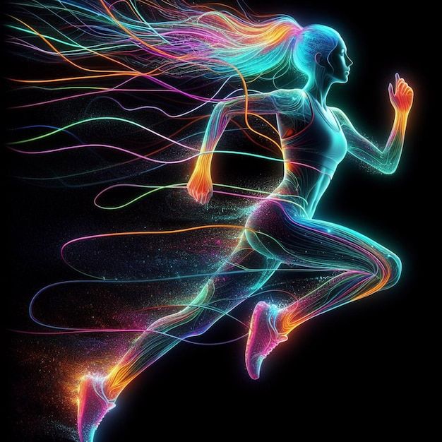 a woman running with neon lights on her body