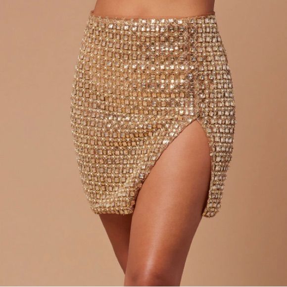 Please Read. Fashion Nova Kourt Embellished Mini Skirt Gold Size Small And Medium Available. If You Buy One, You Will Get The Other Size For Free!!! Glamorous Embellished Skirt For Night Out, Chic Embellished Bottoms For Party, Chic Embellished Party Bottoms, Elegant Embellished Gold Bottoms, Elegant Gold Embellished Bottoms, Glamorous Gold Skirt For Party Season, Chic Gold Sequined Bottoms, Chic Rhinestone Mini Skirt For Party, Gold Mini Skirt For Parties