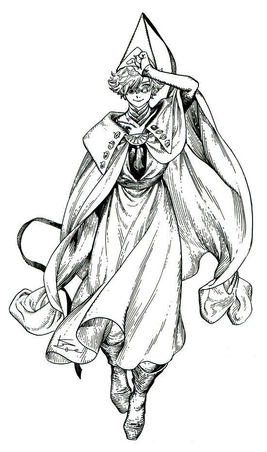 a drawing of a woman in white and black with long hair, wearing a cape