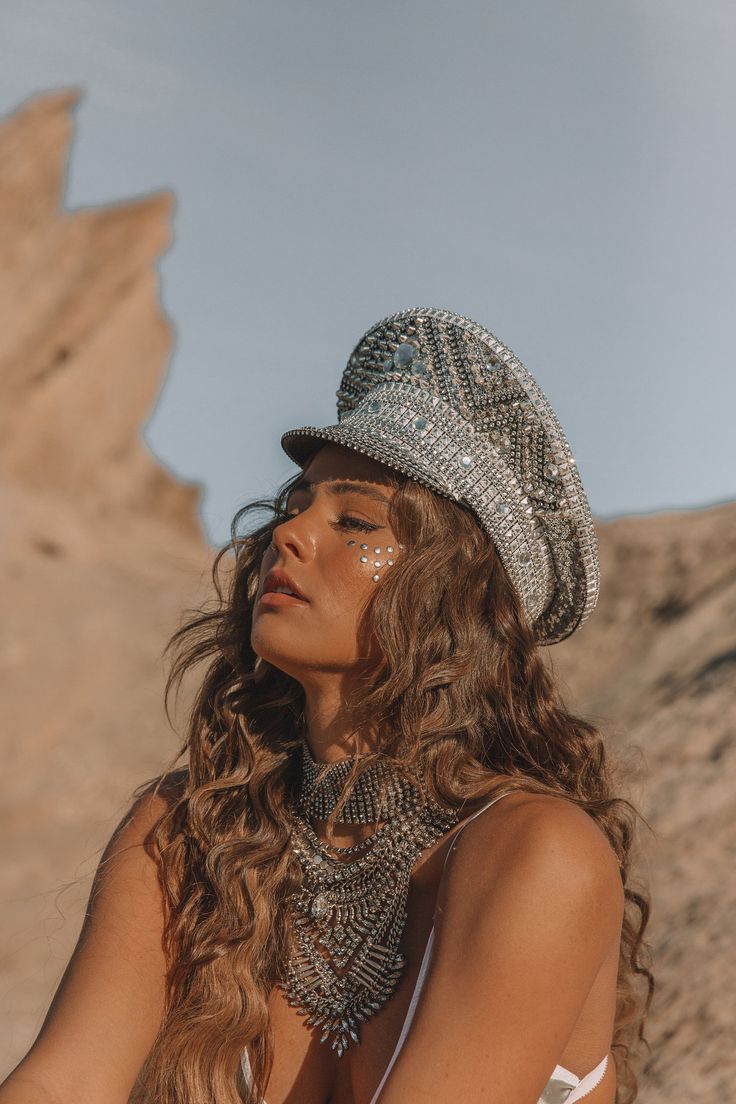 "A real head turner!! \"silver diva \" handmade captain hat available in sizes 56cm to 59cm perfect for burning man" Hat Festival Outfit, Coachella Chic, Women Steampunk, Silver Hat, Bespoke Hats, Steampunk Festival, Bridal Hat, Personalized Hats, Festival Hat