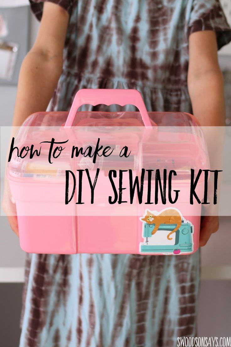 a woman holding a pink sewing kit with the words how to make a diy sewing kit