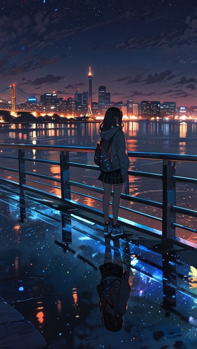 a person standing on a bridge looking at the water and stars in the sky above