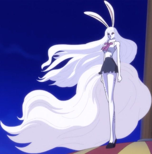 a woman with long white hair standing on top of a hill in front of a blue sky