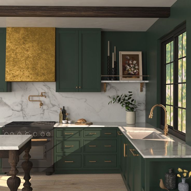 a kitchen with green cabinets and marble counter tops