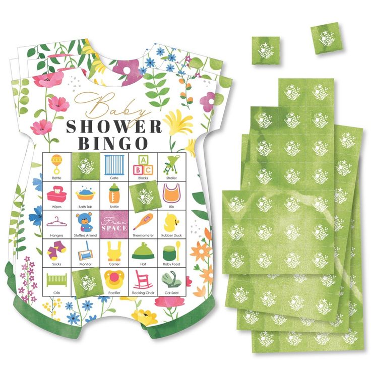 the baby shower game is next to it's matching green napkins and place mats