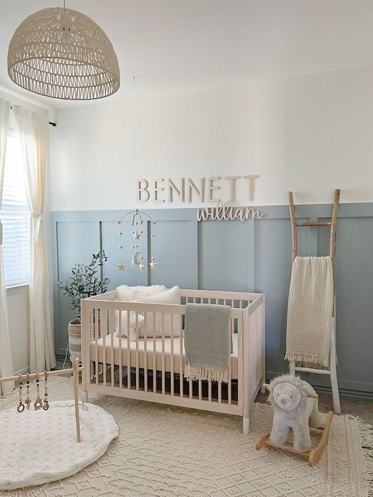 a baby's room with a crib, rocking horse and other items in it