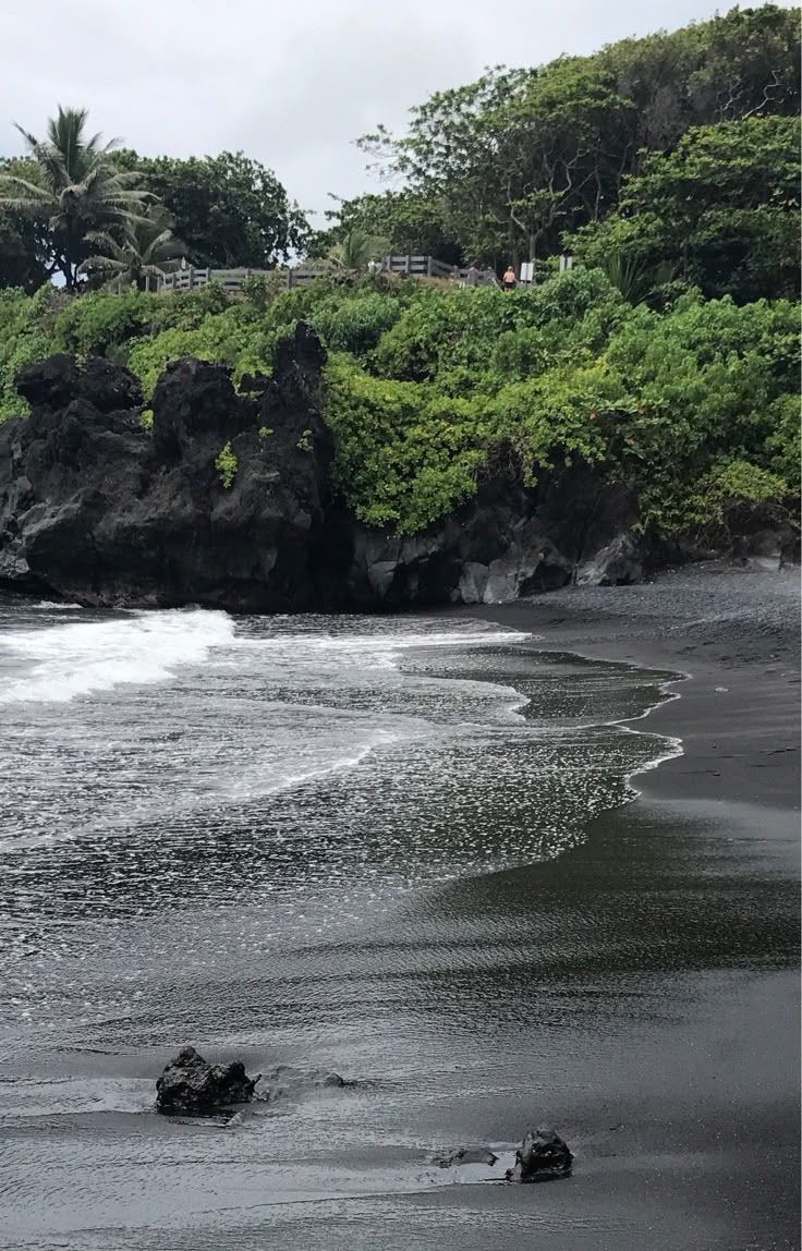 the black sand beach has waves coming in from the water and trees on the shore