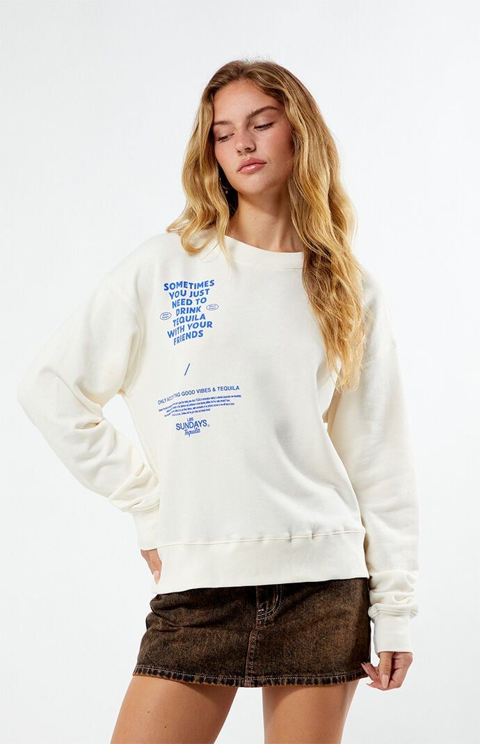 Elevate your casual style with The Sometimes Crew Neck Sweatshirt. This sweatshirt features a classic crew neckline and long sleeves. It showcases a playful "Sometimes You Just Need To Drink Tequila With Your Friends" graphic on both the front and back, adding a fun touch to your relaxed look. Solid color sweatshirtLong sleevesCrew necklineLong sleevesLos Sundays graphicsRibbed trimming50% cotton, 50% polyesterMachine washableModel is wearing a size smallModel measurements: 5’9” height, 32” bust Long Sleeve Sweater With Screen Print In Relaxed Fit, Relaxed Fit Long Sleeve Sweater With Screen Print, Long Sleeve Text Print Sweatshirt For Everyday, Spring Crew Neck Sweater For Streetwear, Casual Crew Neck Sweater With Screen Print, Trendy Crew Neck Sweats With Letter Print, Everyday Sweater With Graphic Print Relaxed Fit, Relaxed Fit Graphic Print Sweater For Everyday, Crew Neck Sweatshirt With Letter Print