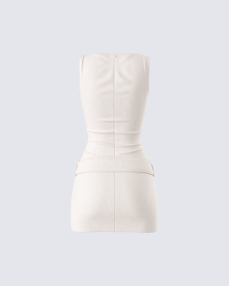 Nothing compares to a baddie in a put together look 🤍 Made from plain weave fabric and complete with a bodycon style, a wide belt, and a boat neckline - this ivory micro mini dress will make it clear that you did not come to mess around 👏 Beige Mini Length Bodycon Dress, Chic White Bodycon Dress With Back Zipper, White Bodycon Mini Dress With Back Zipper, Chic White Mini Dress With Back Zipper, White Bandage Mini Dress, Fitted Mini Dress With Belt For Summer, Chic Cream Bodycon Mini Dress, Cream Bodycon Mini Dress For Party, Beige Bodycon Mini Dress