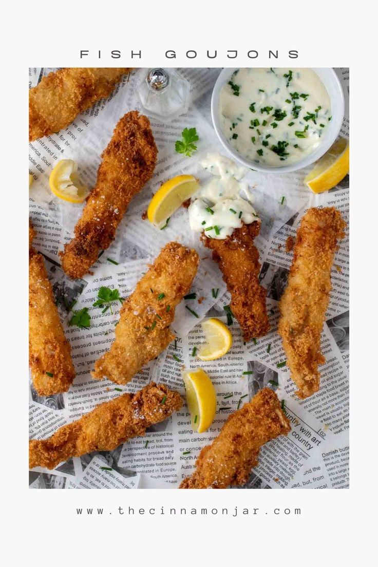 Fish goujons spread out on newspaper with some lemon slices and a garlic mayo dipping sauce on a small saucer Fish Goujons, Chicken Sausage Rolls, Healthy Lunch Salad, Citrus Fish, Crispy Fish, Battered Fish, European Food, Authentic Recipes, Savory Snacks