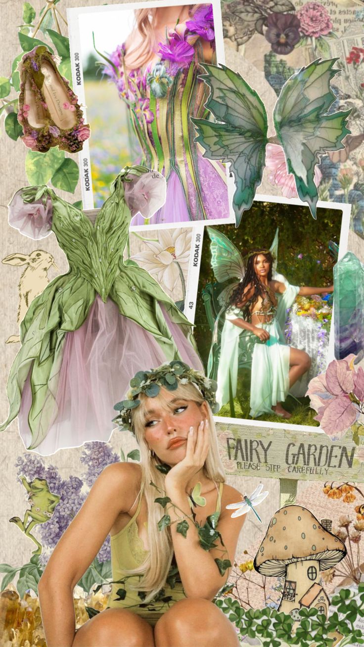 a collage of photos with fairy women and flowers on them, all in different colors