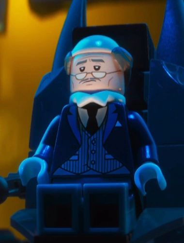 the lego batman movie character is wearing a blue suit and hat with his eyes closed