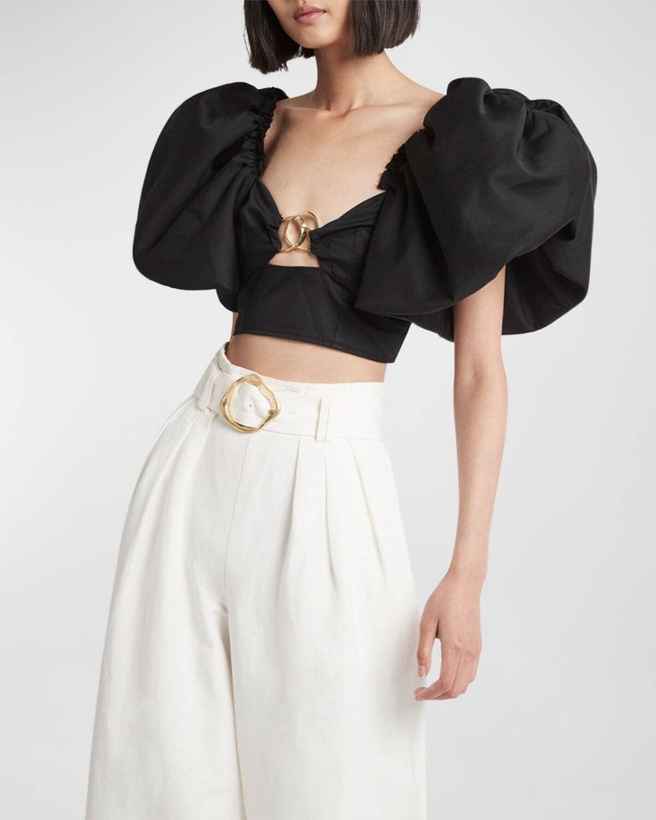 Sculptural Rings, Puffed Sleeves Blouse, Cotton Poplin Top, Feminine Top, Poplin Top, Bustier Top, Puff Sleeve Top, Button Placket, Puff Sleeves