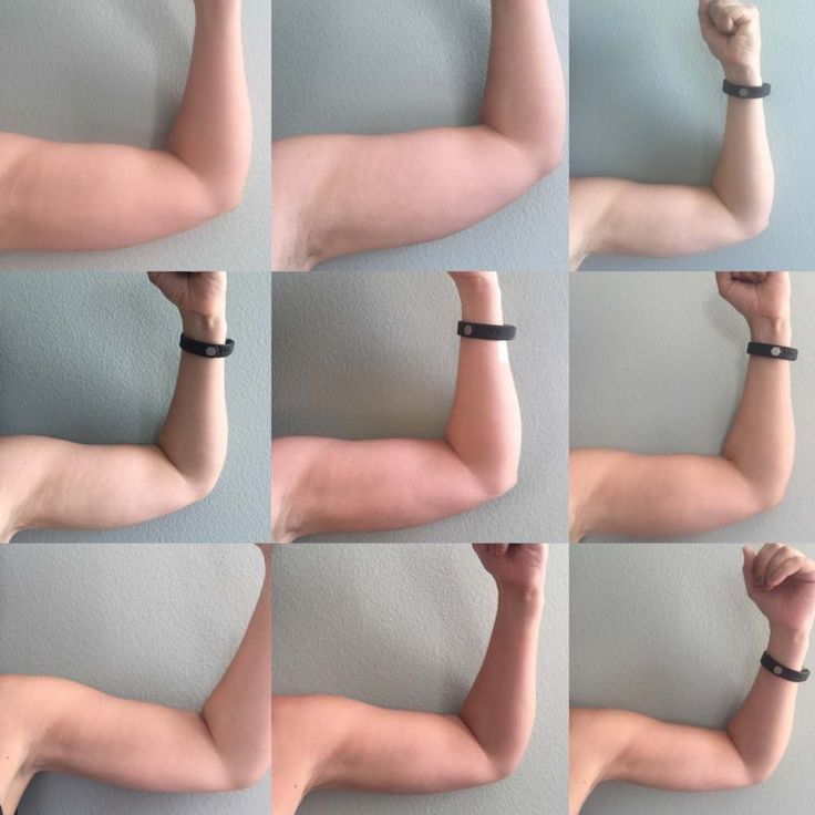 multiple images of arm muscles showing the different ways to stretch them up and down with wristbands on each arm