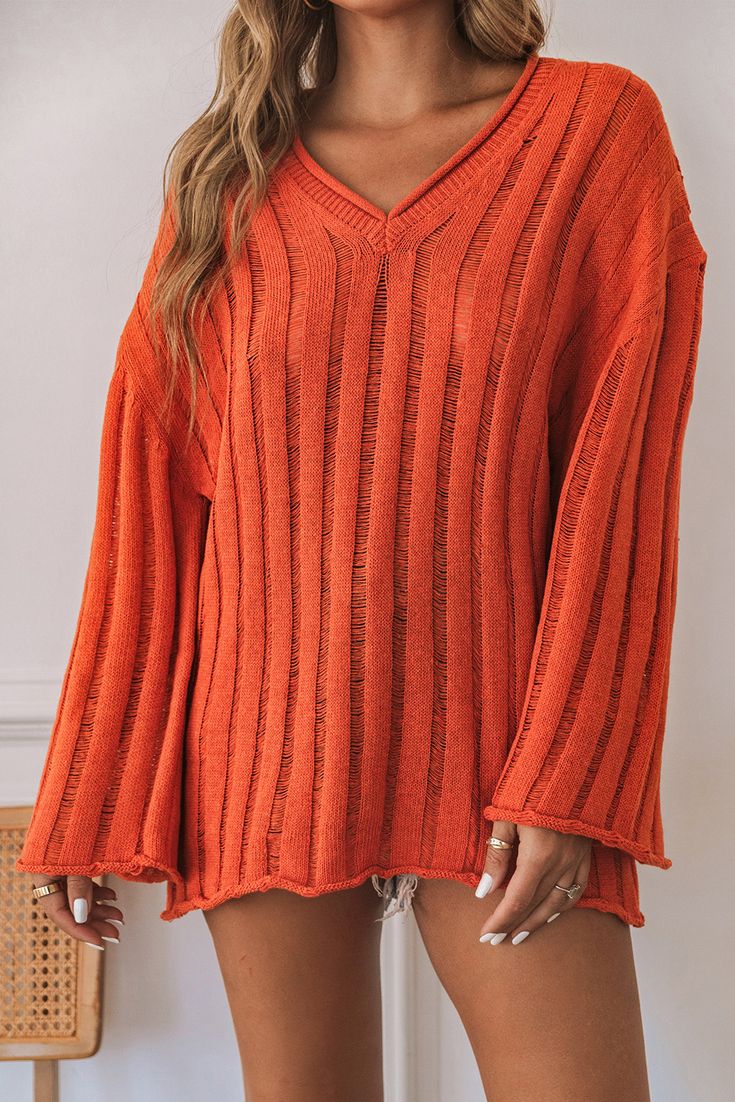 Orange Ribbed Loose Knit V Neck Pullover Sweater Trendy Long Sleeve Pointelle Knit V-neck Sweater, Fall V-neck Open Knit Sweater, Fall Open Knit V-neck Sweater, Solid Open Knit Sweater For Fall, Solid Open Knit Fall Sweater, Fall Solid Color Open Knit Sweater, Casual Ribbed V-neck Knit Sweater, Casual Ribbed Knit V-neck Sweater, Casual Solid Open Knit Sweater