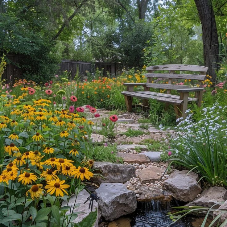 a wooden bench sitting next to a small pond filled with flowers and rocks in a garden