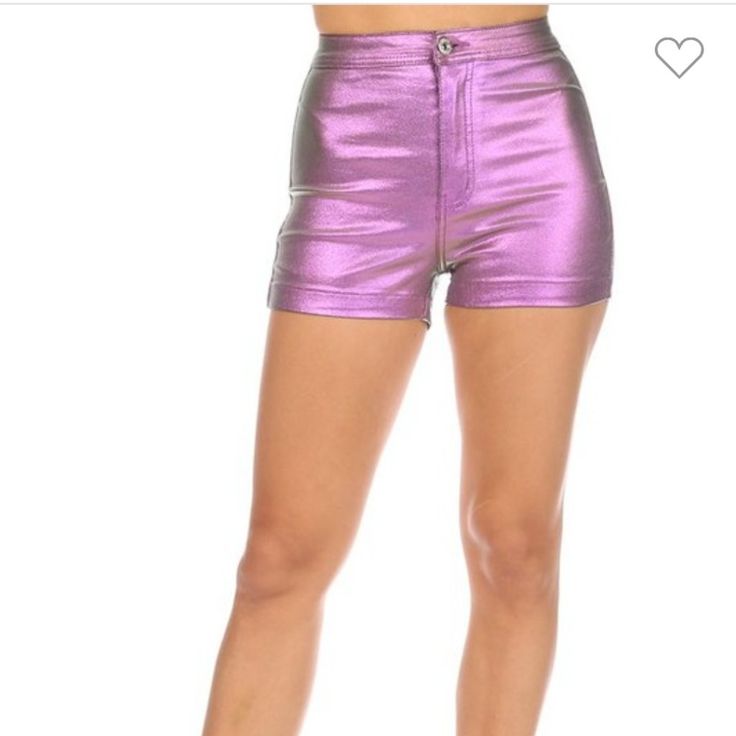 High Waist Skinny Fit Shorts Hits At Mid Thigh . This Iconic Aa Style Shorts Gives You Figure Hugging Fit. It Is Made With Stretch Material Meant To Shape Your Body And Make Figure Slim Through Hips And Thighs. Its Metallic Shiny Finish Gives You A Wet Look, Team It Up With A Crop Top And Kicks For A Chilled Off-Duty Look Zipper Fly With Button Closure. Two Hip Pockets And Two Front Side Pockets. High Waist Bottoms With Built-in Shorts For Club, Trendy High Waist Fitted Shorts, Fitted Short Bottoms For Club, High Waist Casual Bottoms For Club, Trendy Short Length Club Bottoms, Trendy Summer Club Bottoms, Trendy Club Shorts In Short Length, Trendy High Rise Bottoms For Club, Trendy Stretch Shorts For Night Out