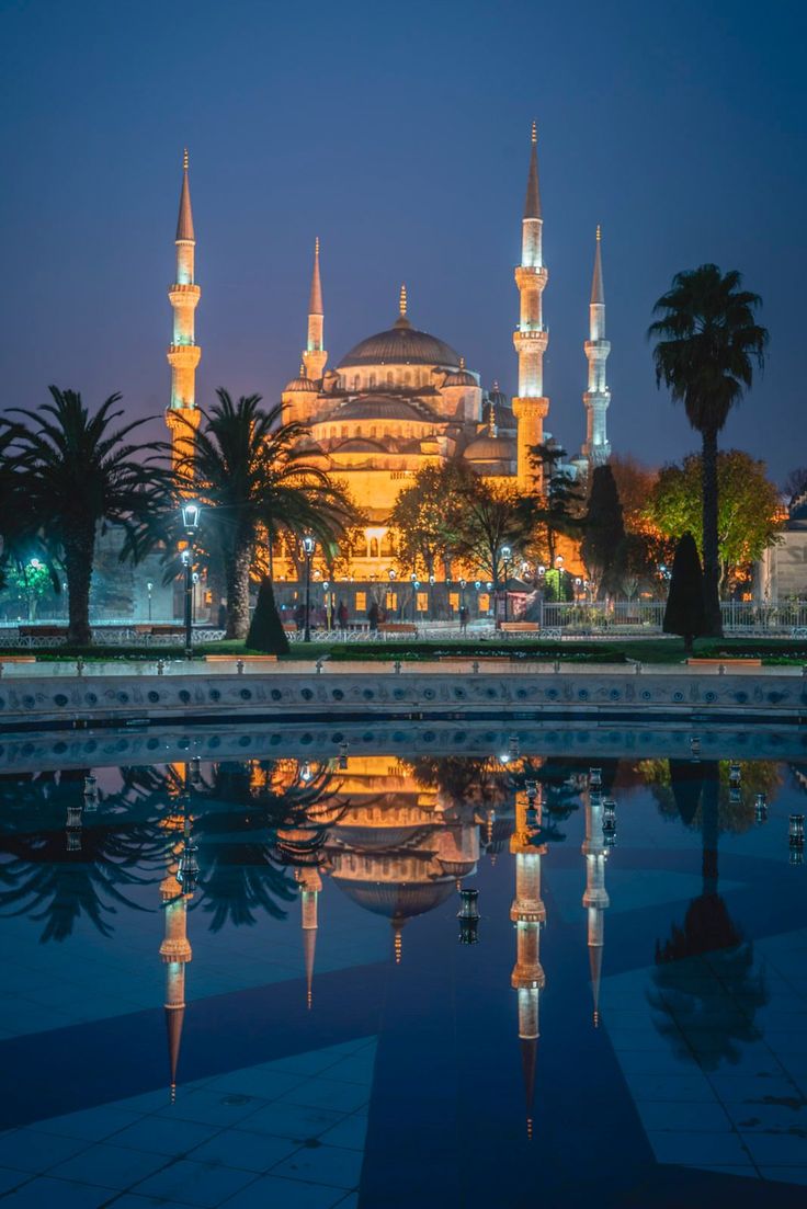 the blue mosque is lit up at night with its lights on and reflecting in the water