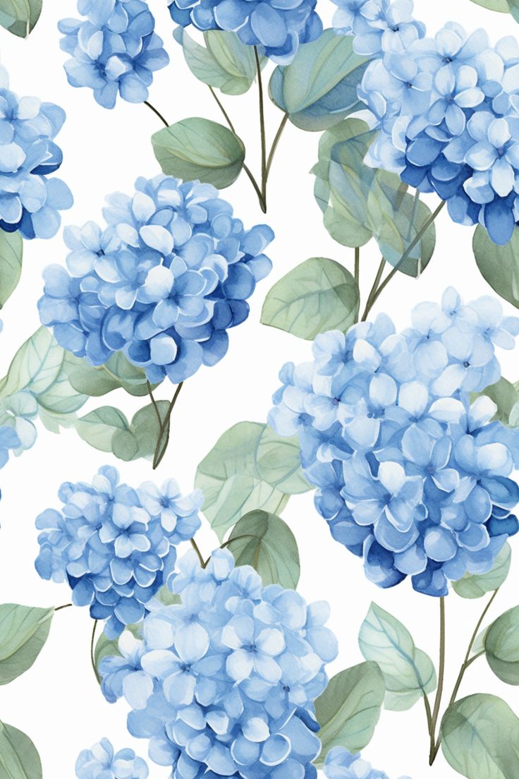 blue hydrangea flowers with green leaves on a white background seamless wallpaper