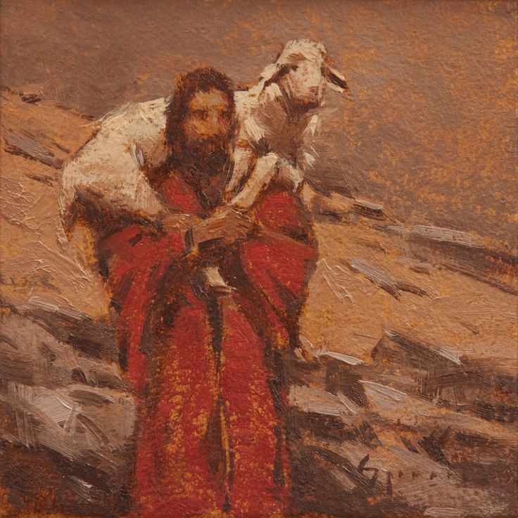 a painting of a man holding a sheep