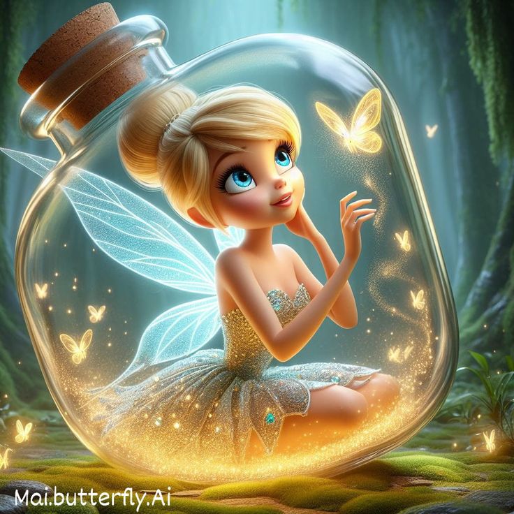 a cartoon fairy sitting in a glass jar with butterflies around her and looking up at the sky