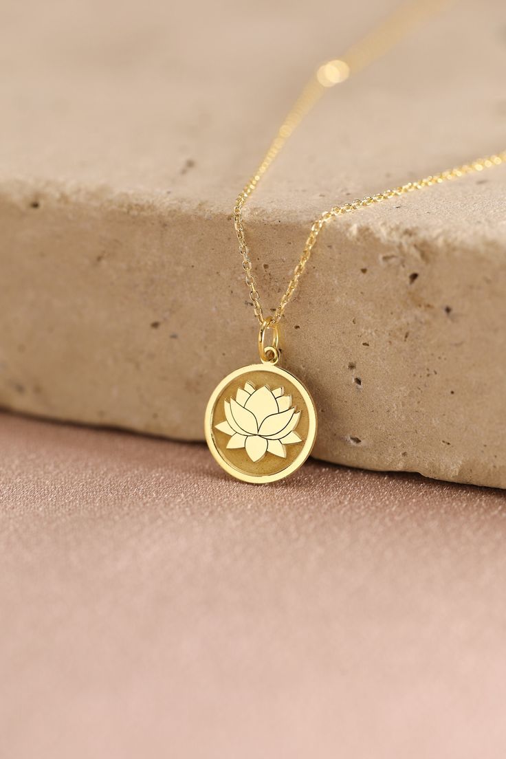 Gold Water Lily Pendant - Lotus Gold Necklace ● Material of pendant: Solid Gold 14k ( REAL GOLD ) ● Metal Stamp: 14k ( REAL GOLD ) ● The pendant is available in 5 sizes: - 12,7 mm / 0.5 inches (Diameter) - 14,0 mm / 0,55 inches ( Diameter ) In the photos - 15,3 mm / 0.6 inches ( Diameter ) - 16,5 mm / 0,65 inches ( Diameter ) - 19,1 mm / 0,75 inches ( Diameter ) ( In the photos the size is 14mm / 0.55 inches Diameter ) ( Jump Ring inner diameter: 4 mm ) ● Material of chain: Solid gold 14k ( REAL Gold Sterling Silver Flower Necklace As Gift For Her, Rose Gold Flower Necklace For Birthday, Gold Necklaces With Round Flower Charm, Delicate Gold Flower Necklace As Gift, Gold Flower Pendant Necklace For Anniversary, Delicate Gold Flower Necklace For Gift, Rose Gold Flower Pendant Jewelry For Birthday Gift, Rose Gold Flower Shape Necklace For Birthday, Gold Sterling Silver Flower Necklace Gift For Her