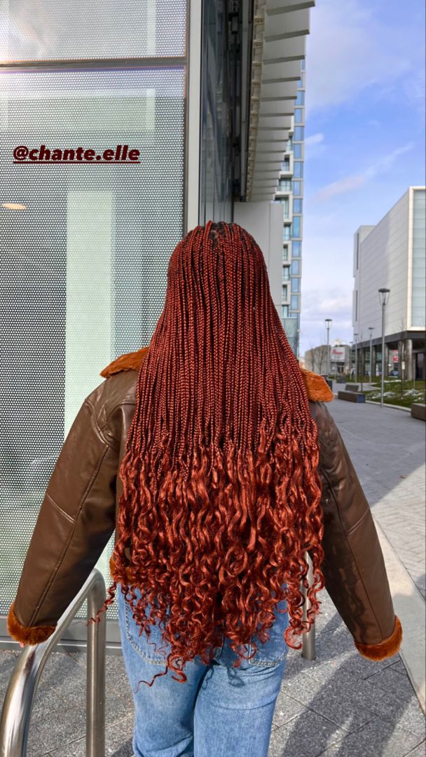 Color 350 Goddess Box Braids, Colour 350 Knotless Braids With Curls, Copper Hair Braids Black Women, Autumn Box Braids, Ginger Coloured Braids, Braid Colours For Black Women, Colour Braids For Black Women, Knotless Braids 350, 350 Braids Color