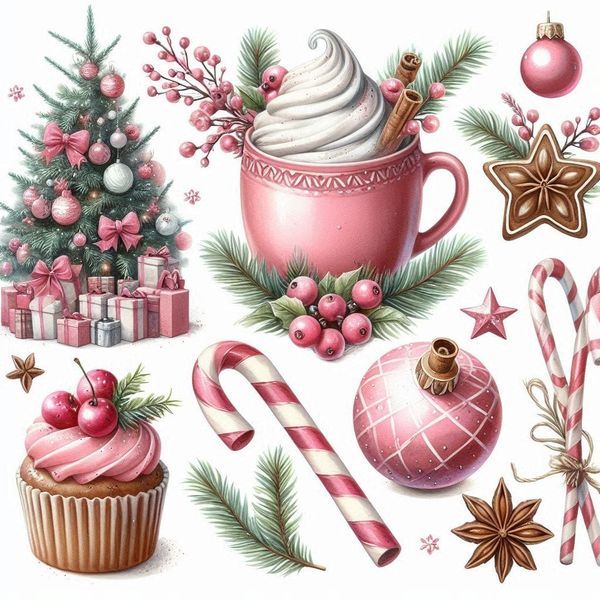 a christmas scene with cupcakes, candy canes and decorations