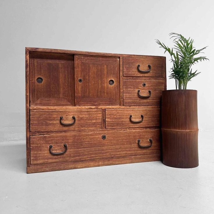 a wooden cabinet with drawers and a potted plant