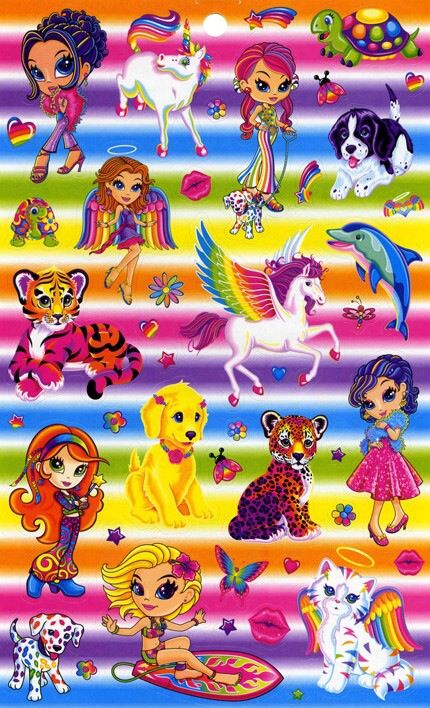 an image of many different cartoon characters on a rainbow striped background with unicorns and horses