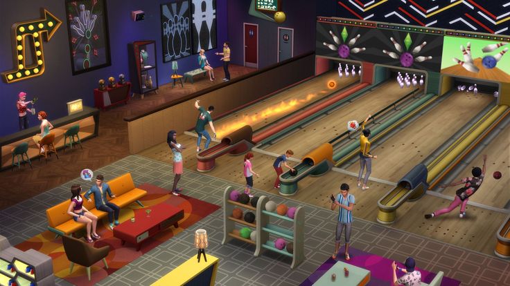 an image of a bowling alley with people playing