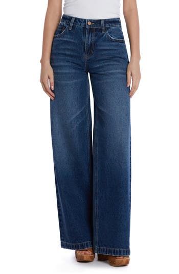 Effortlessly cool and casual-chic, these nonstretch jeans flaunt a high waist and full-length wide legs that create a dramatic silhouette. 32" inseam; 24" leg opening; 10 1/2" front rise Zip fly with button closure Five-pocket style 100% cotton Machine wash, tumble dry Imported Wide Leg Dark Wash Flare Jeans, Modern Dark Wash Full-length Bottoms, Modern Full-length Dark Wash Bottoms, Modern Full Length Dark Wash Bottoms, Medium Wash Wide Leg Pants For Fall, Modern Medium Wash Full Length Flare Jeans, Modern Flare Denim Jeans, Modern Full-length Denim Flare Jeans, Modern Full Length Denim Flare Jeans