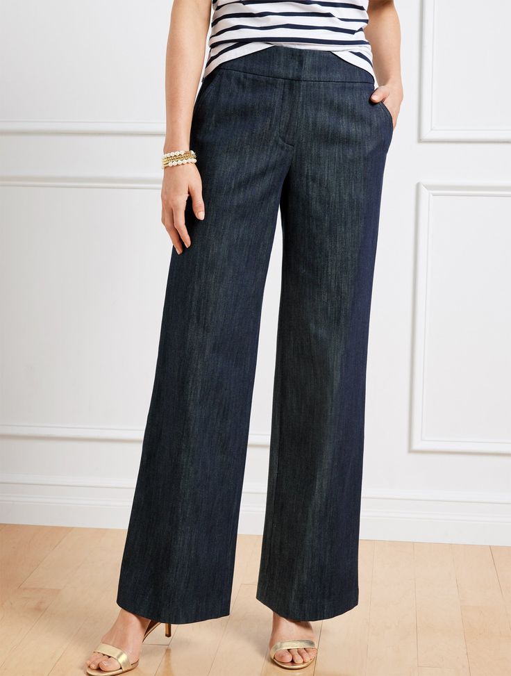 Perfect for your polished looks. Our sophisticated wide leg pants in soft, refined denim. Expertly tailored for a modern, ultra-flattering fit. Detailed with a high waist, angled slip pockets and welt pockets at the back. Pair with our Refined Denim Modern Blazer for a beautifully relaxed and perfectly put-together look. features Flat Front/Trouser Hits High Waist Full Length Fly front with button closure Front Angled slip, Back welt pockets Imported Fit: Misses 31 1/2"; Petite: 29"; Plus: 31 1/ Slate Blue Pants Outfit, Elegant Wide Leg Pants, High Waisted Trousers Outfit Casual, Womens Trousers Outfits, Denim Trousers Outfit, Pants For Petite Women, Dressy Jeans Outfit, Trousers Outfit Casual, Jean Trousers Outfit