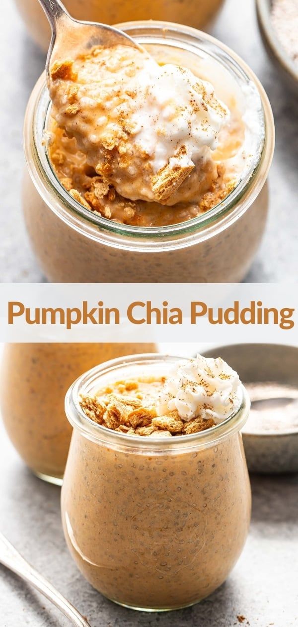 pumpkin chia pudding in a glass jar with spoons on the side and an image of