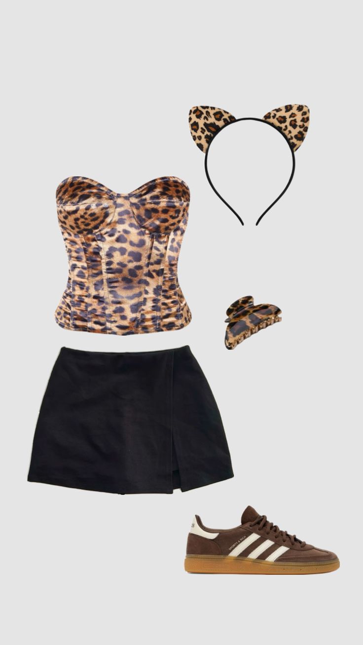 a woman's outfit with leopard print on the top and black skirt, brown tennis shoes