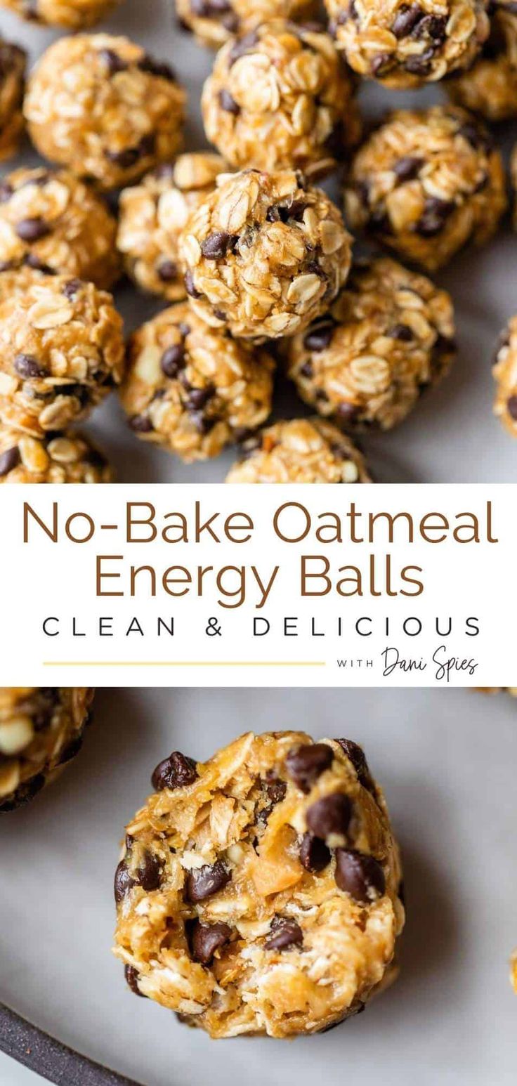 no - bake oatmeal energy balls on a plate with the title above it