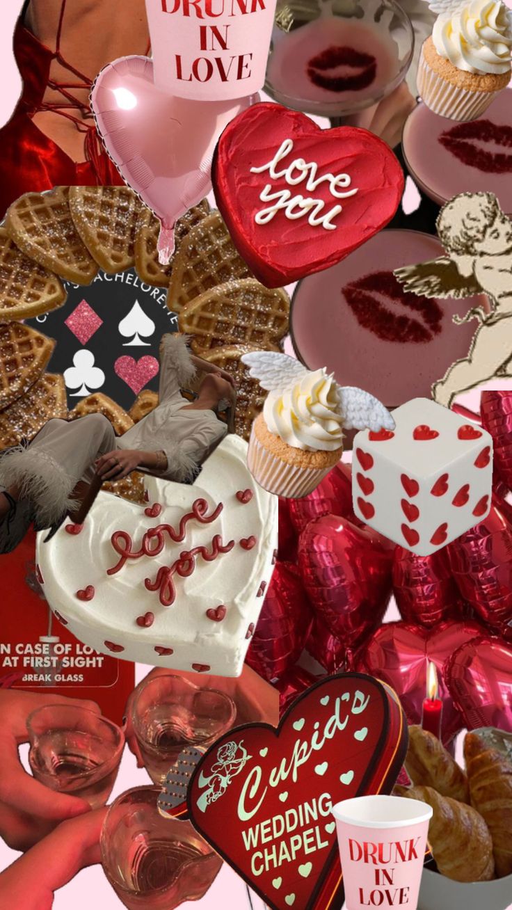 valentine's day collage with heart shaped candies, cupcakes and hearts