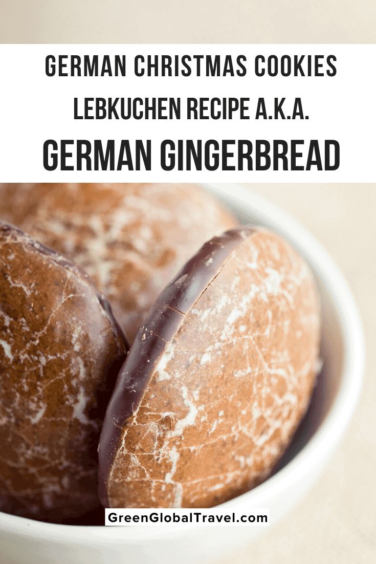 german christmas cookies in a white bowl with text overlay reading german christmas cookies leukchen recipe aka german gingerbread