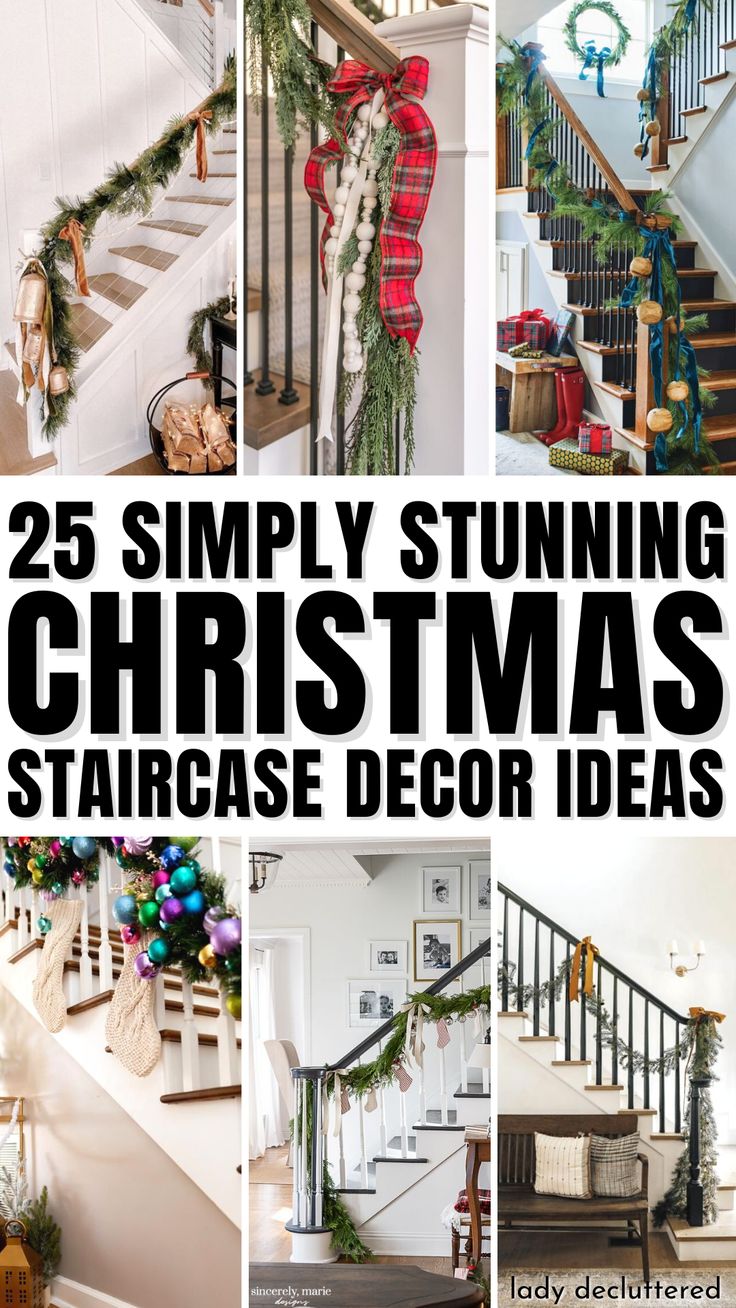 25 Simple Stunning Christmas Staircase Decor Ideas Staircase Railing Decoration, Simple Christmas Banister, Simple Stair Garland, How To Decorate A Banister, Stair Christmas Garland Decoration, Modern Staircase Christmas Decor, Decorate Stairs For Wedding, Ribbon On Banister Christmas, Christmas Decorations Stairs Banisters