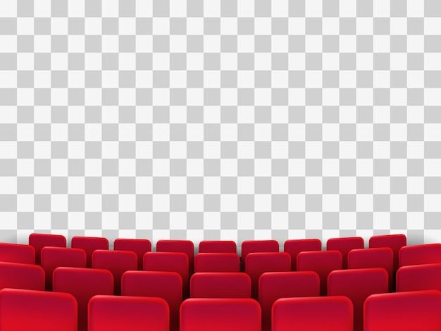 an empty auditorium with rows of red seats and a white wall in the back ground