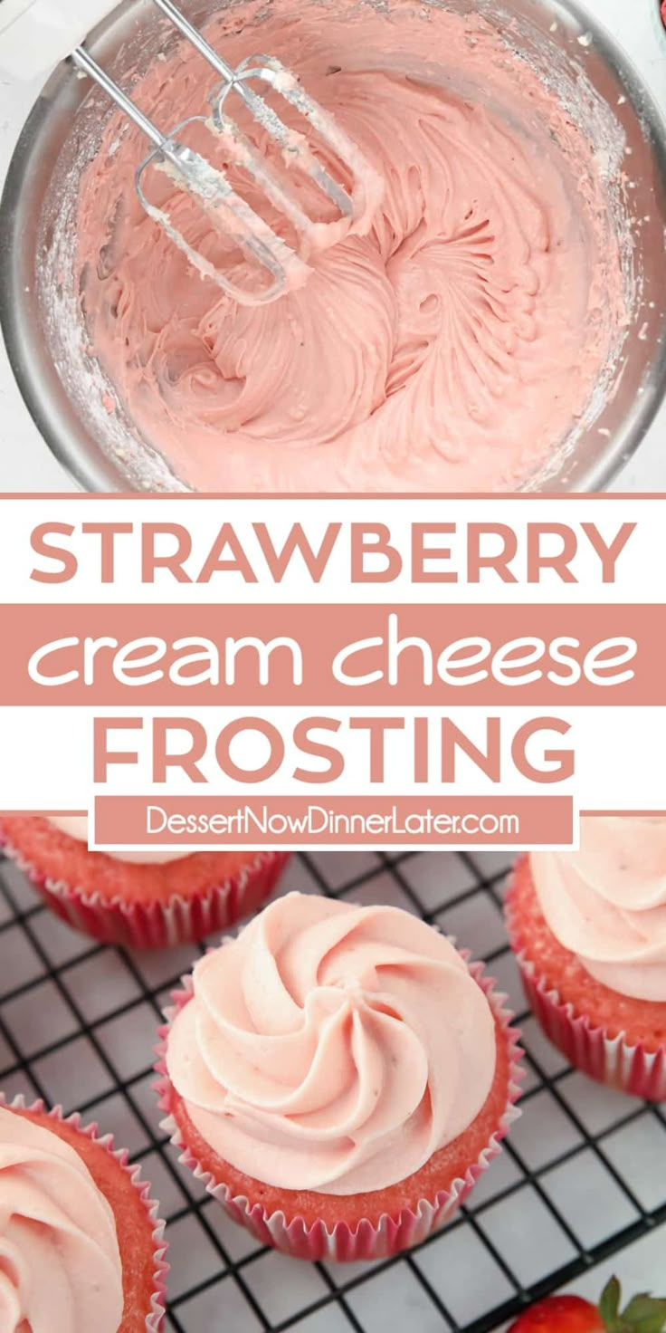 strawberry cream cheese frosting on top of cupcakes