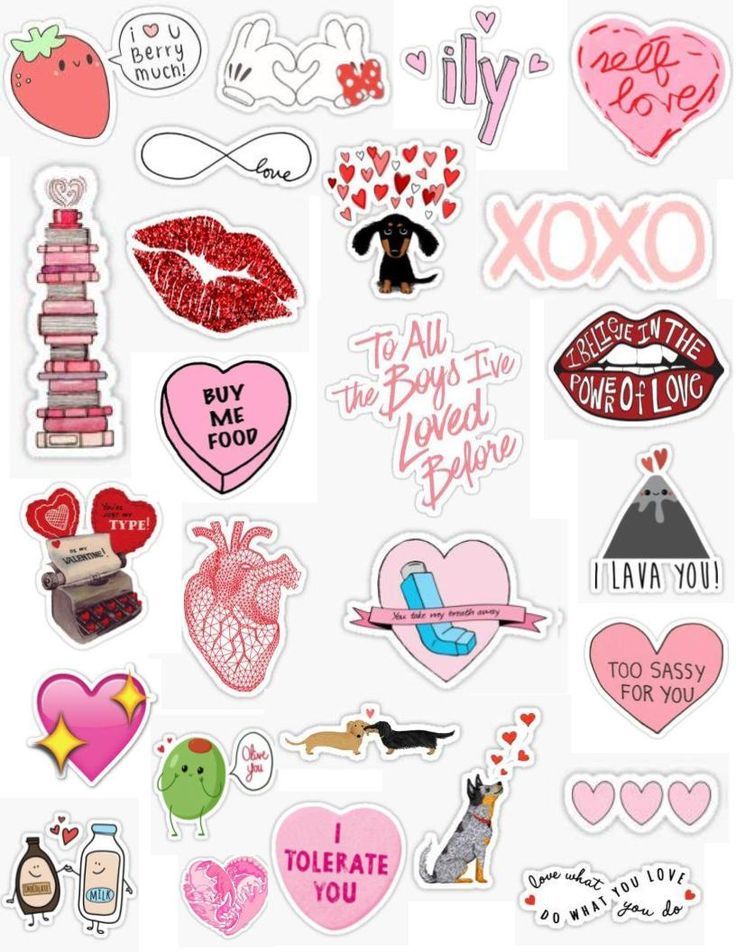 many different stickers are arranged on a white surface with pink and red hearts in the background