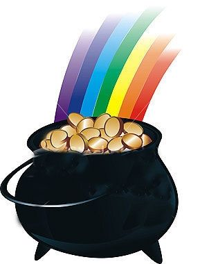 a pot full of gold coins with a rainbow coming out of the top and side