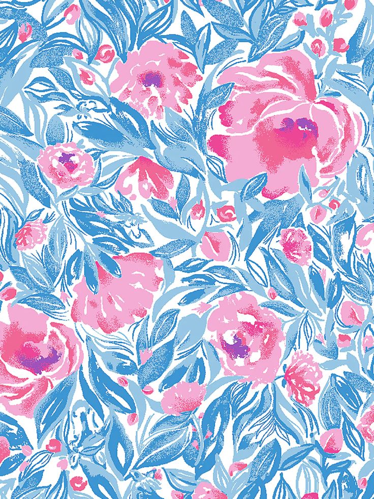 a blue and pink flower pattern on a white background, with leaves and flowers all over it