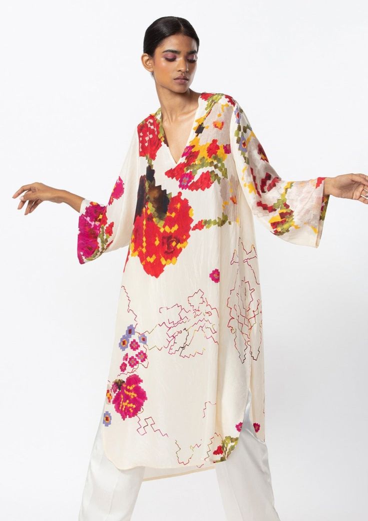 Saaksha & Kinni-Ivory Floral Silk Tunic-INDIASPOPUP.COM Tunic With Pants, Shirt Jacket Men, Placement Print, Silk Kurta, Plain Fabric, Silk Tunic, Indian Fabric, Silk Trousers, Boutique Dress