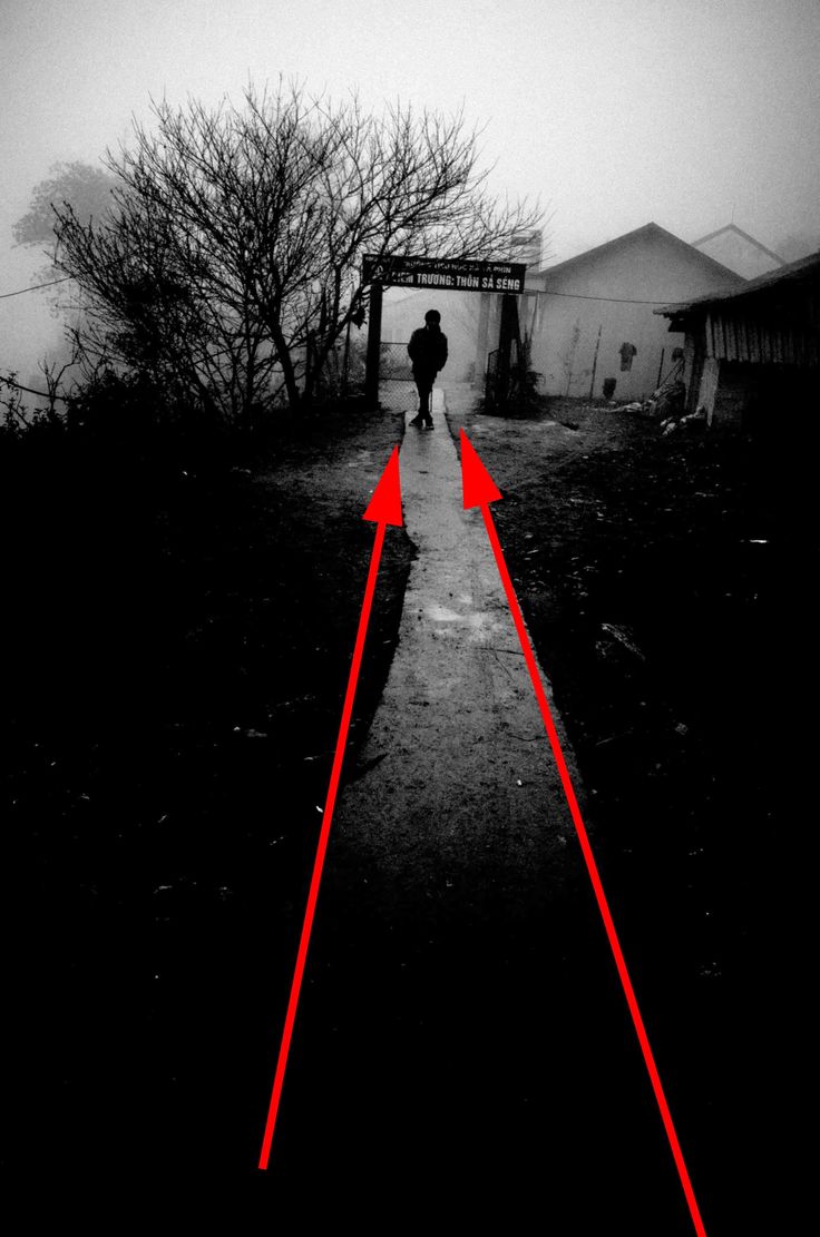 a person walking down a path with red arrows pointing in opposite directions on the same direction