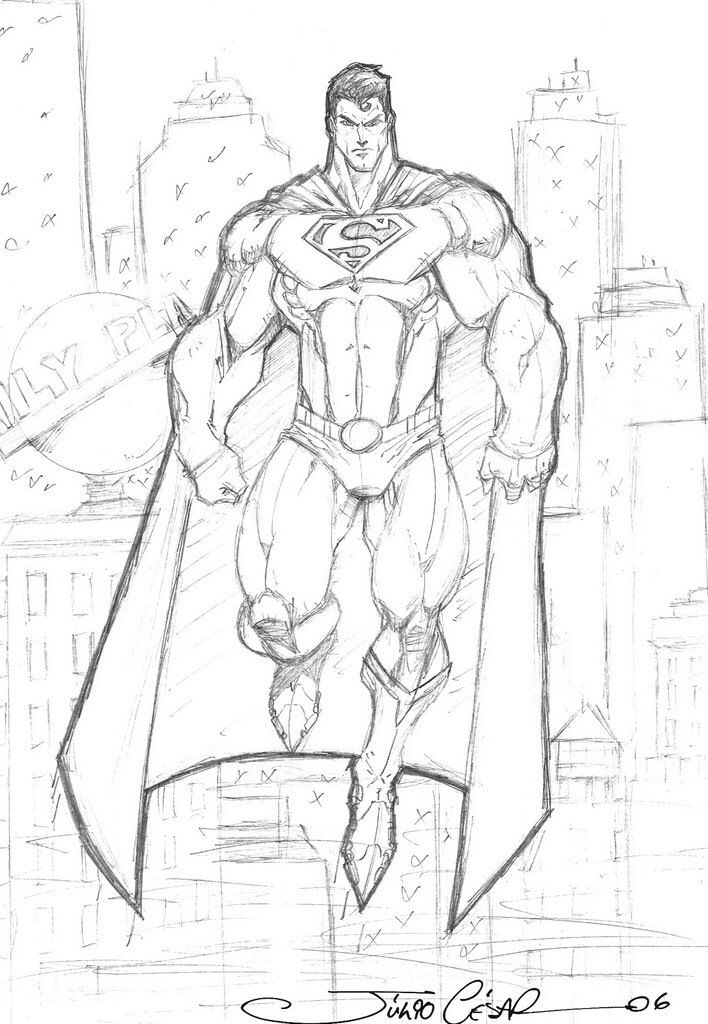 a pencil drawing of superman standing on top of a building with his cape raised up