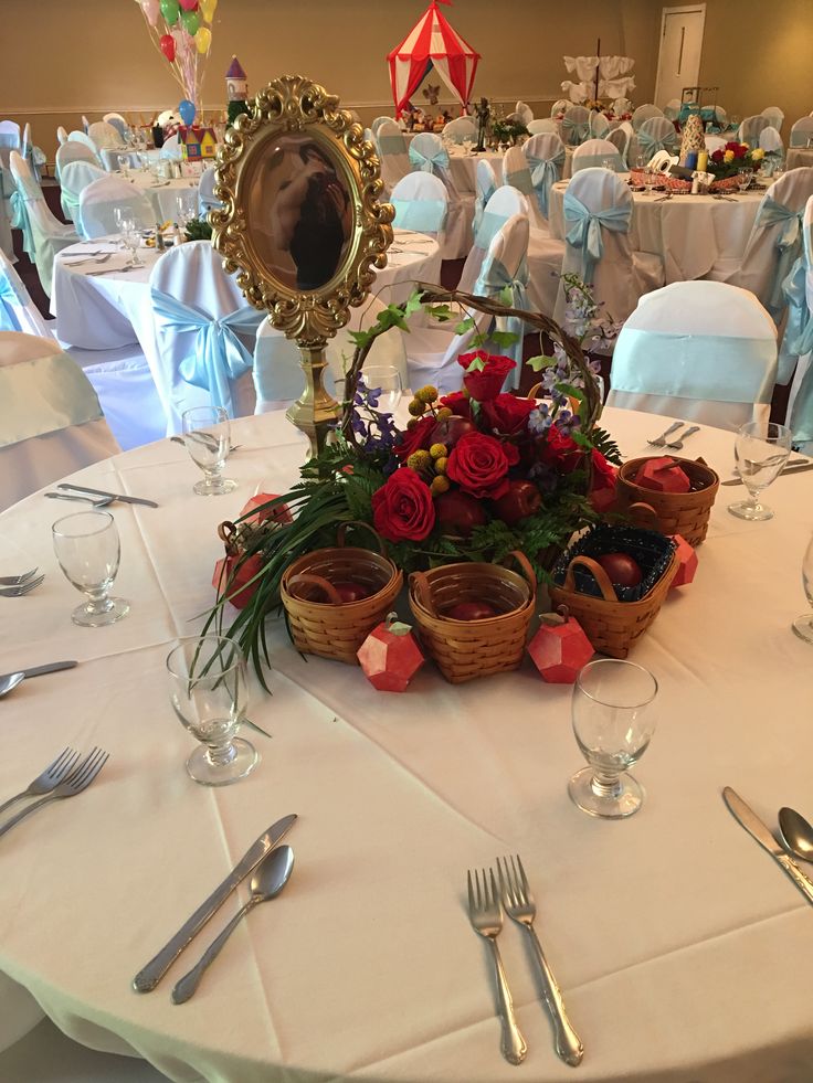 the table is set with silverware and red roses in baskets, along with empty wine glasses